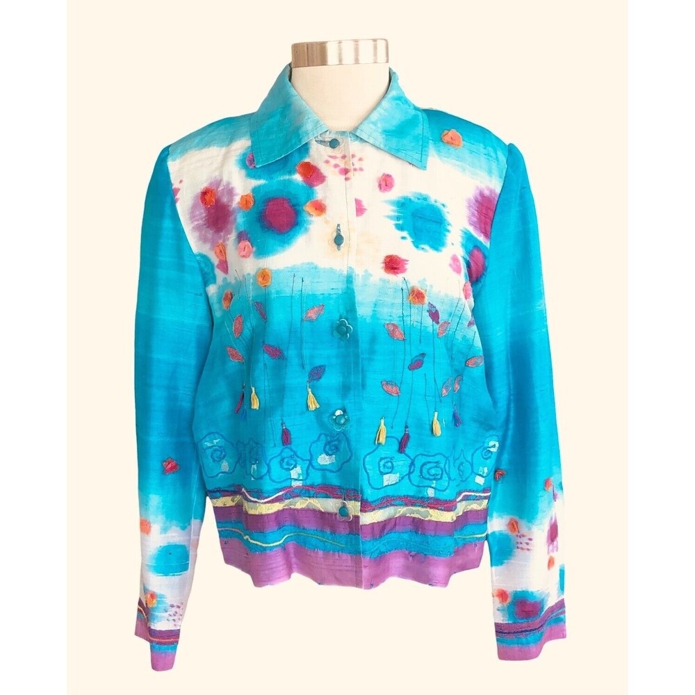 SANDY STARKMAN Women M Silk Embroidered Button Up Umbre Blue Jacket
